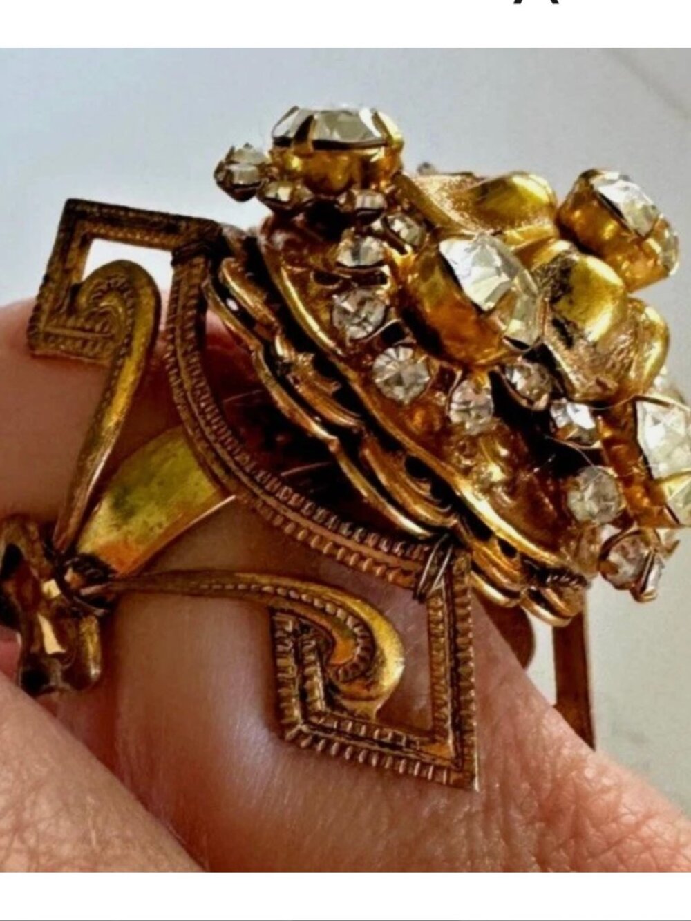 Vintage Signed Miriam Haskell Vermeil & Rhinestone Statement Cocktail Ring - Picture 2 of 6